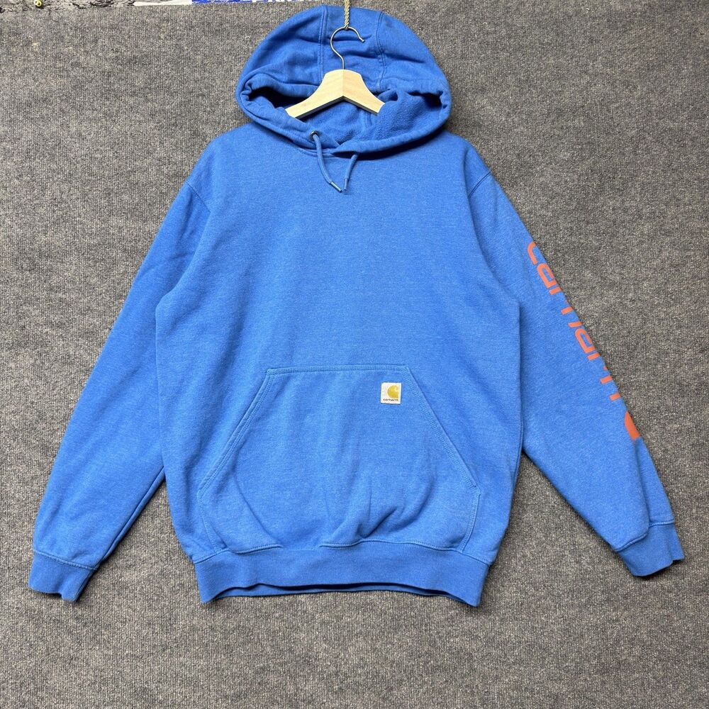 Carhartt Hoodie Mens M Blue Loose Fleece Sleeve Logo Kangaroo Pocket Pullover